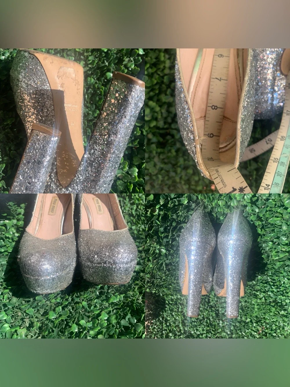 Refurbished Miu Miu silver glitter platform high chunky heels Sz 37 w/ 5” heel